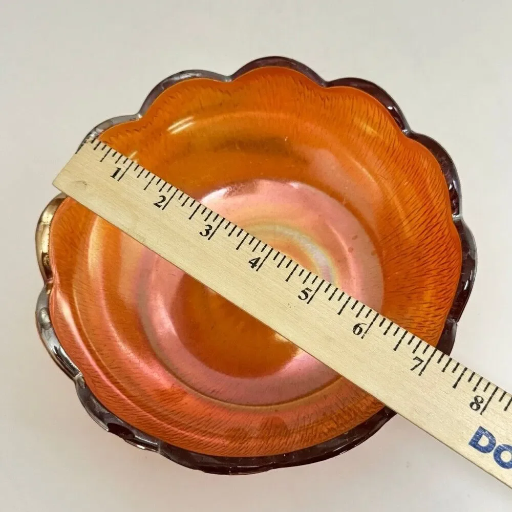 Vintage Jeanette Iridescent Orange Marigold Carnival Glass Scalloped Bowl